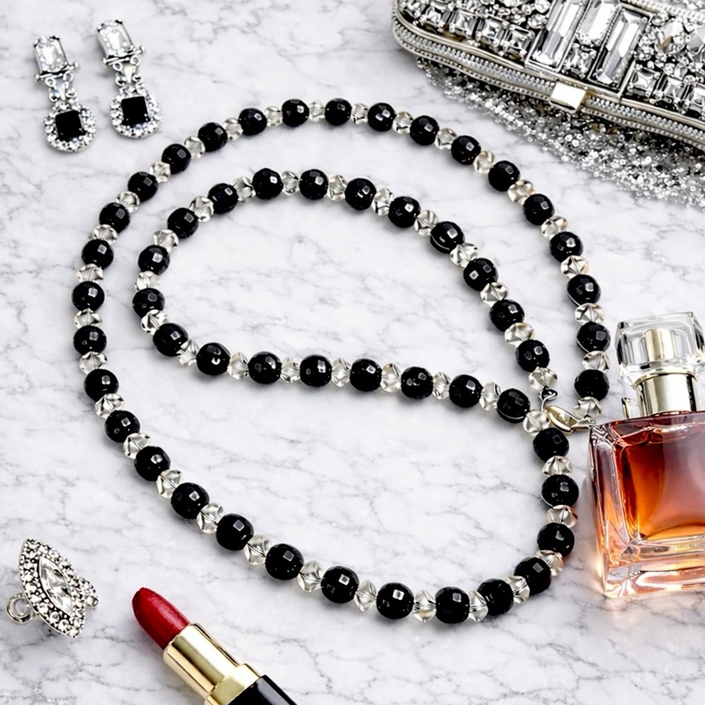 Vintage Glam Black & Clear Faceted Rhinestone Statement Necklace | 23”